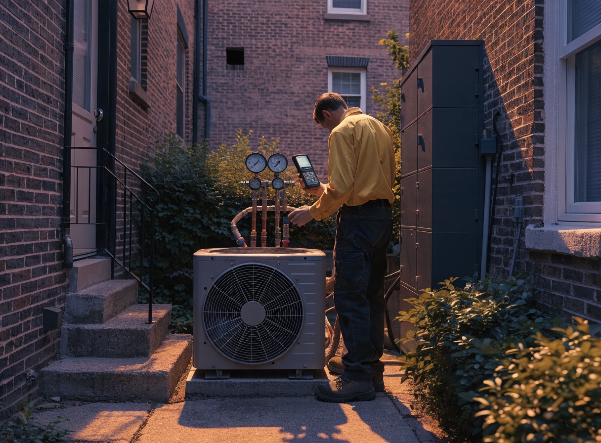 Technician diagnosing an outdoor residential air-conditioning condenser