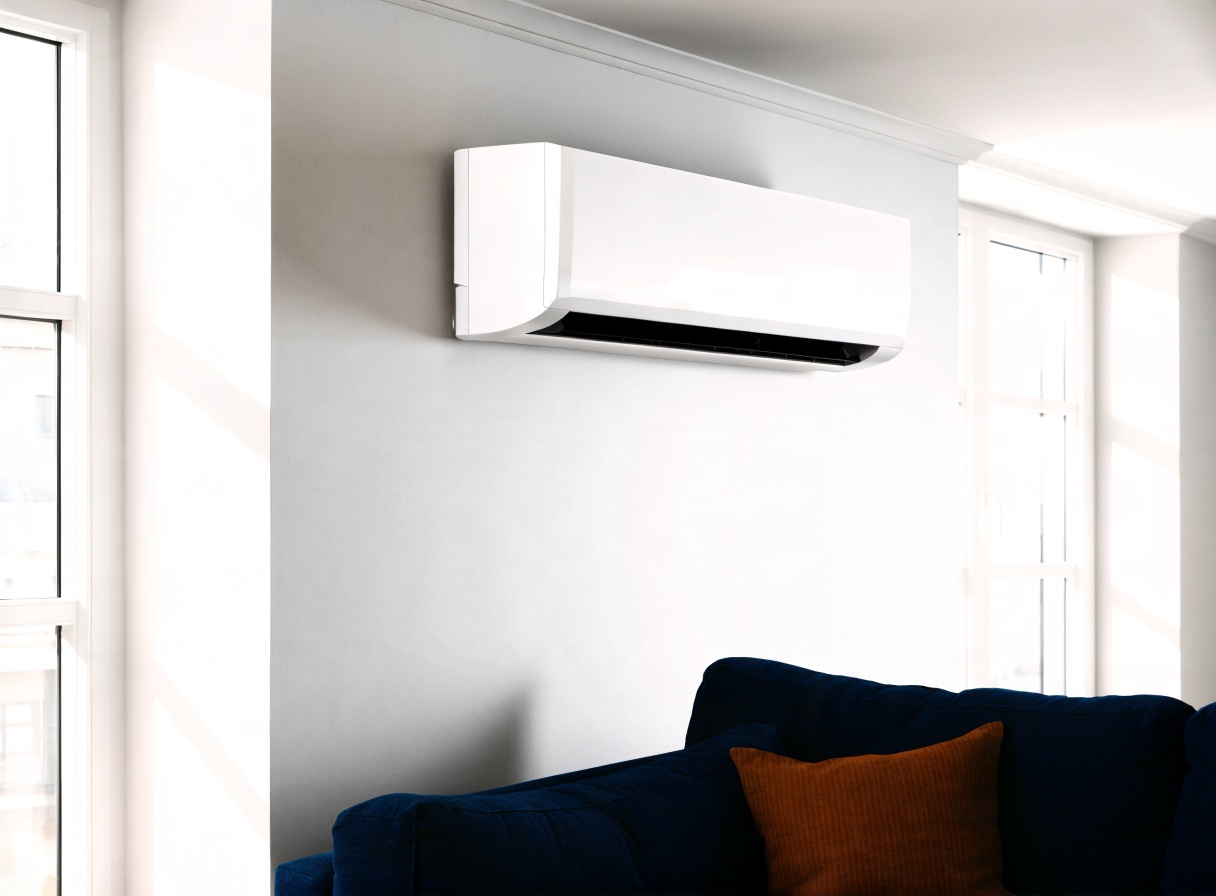 Wall-mounted ductless mini-split indoor unit installed in a bright residential living space