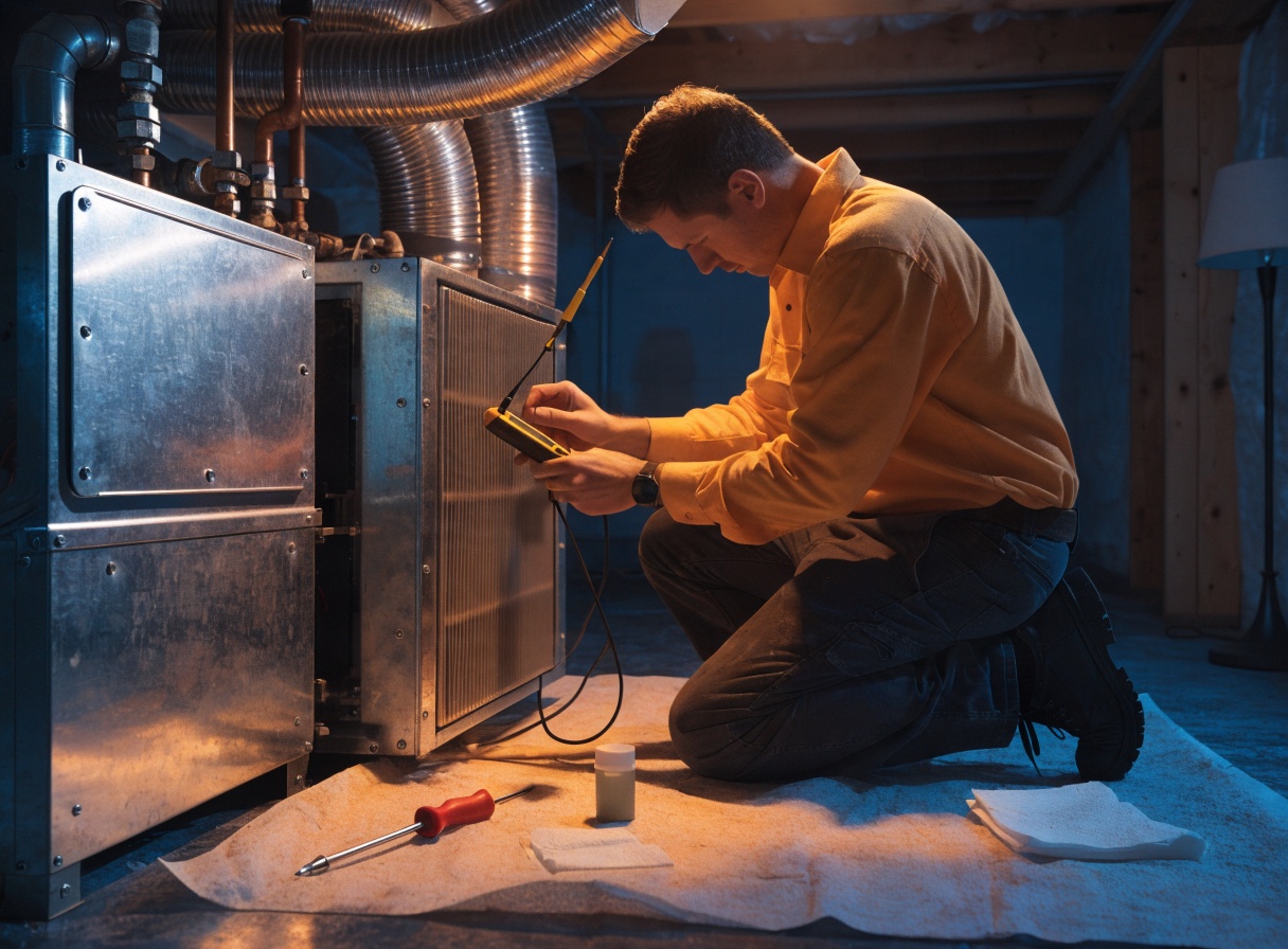 Technician performing a measured seasonal tune-up on residential HVAC equipment
